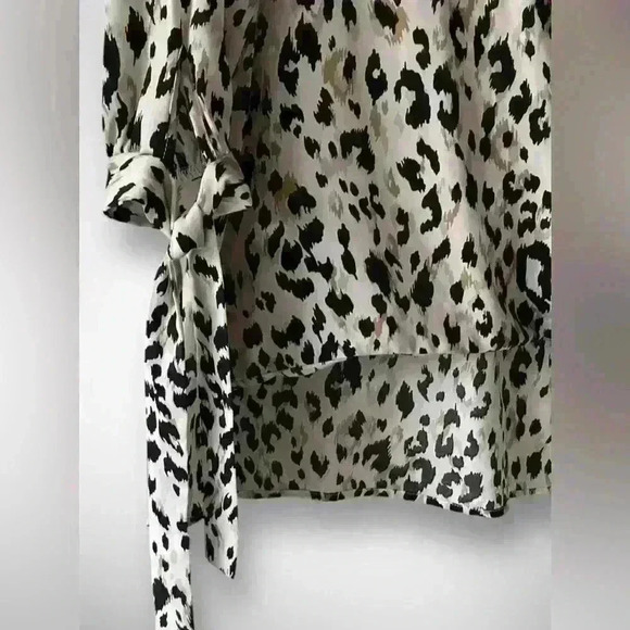 LEOPARD Print WRAP Front BLOUSE With Tie Sleeves High Low Black White Small - Picture 6 of 8